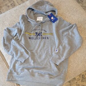 Champion Gray Hoodie with Navy & Yellow Wolverines Logo. University Of Michigan